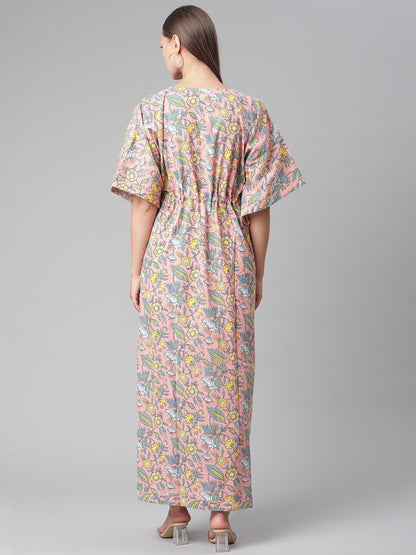 Women's Pink Floral Cotton Kaftan