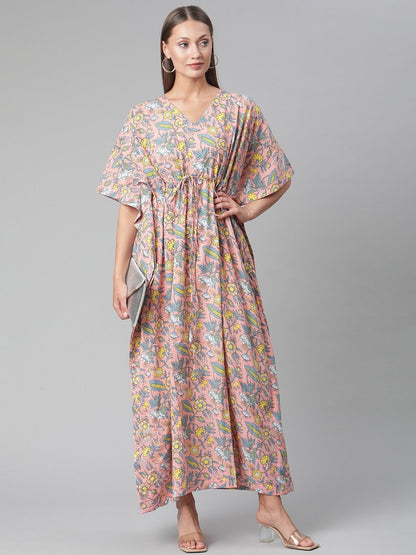 Women's Pink Floral Cotton Kaftan