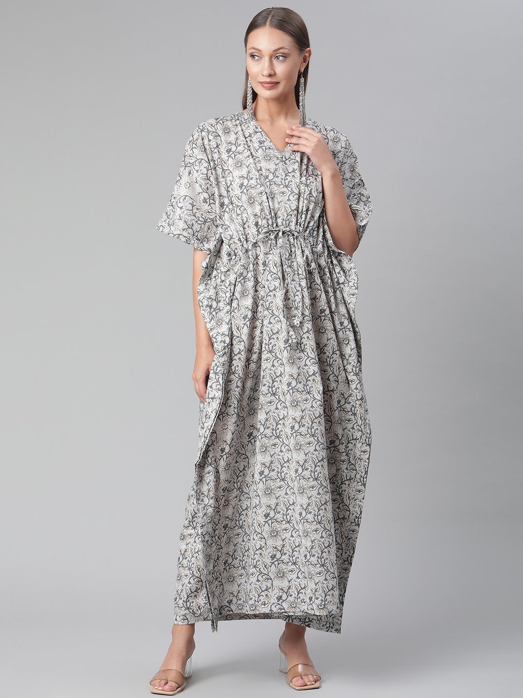 Women's Grey Floral Cotton Kaftan