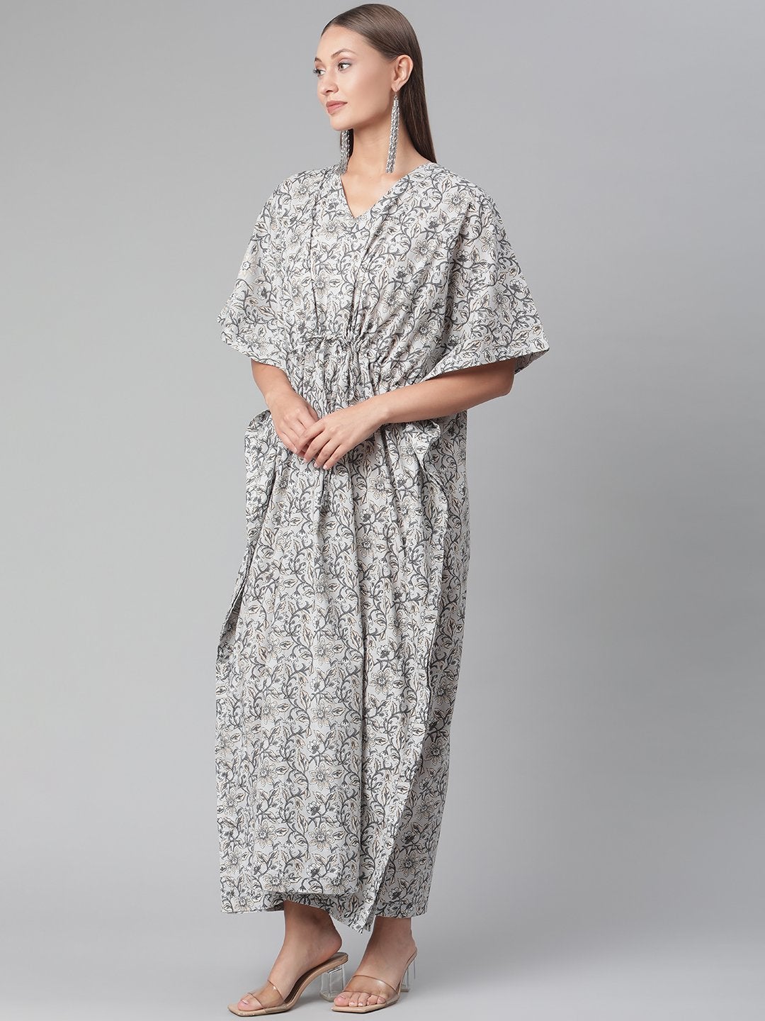 Women's Grey Floral Cotton Kaftan