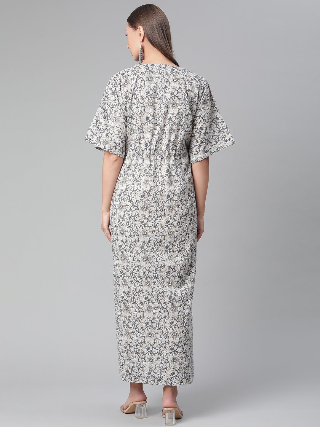 Women's Grey Floral Cotton Kaftan