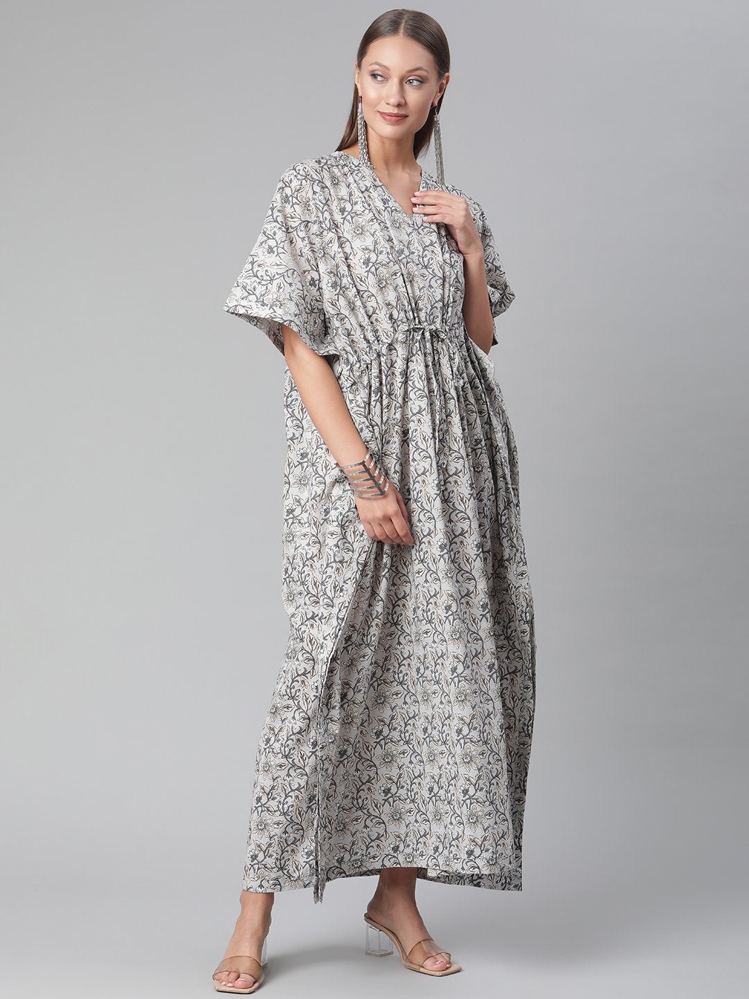 Women's Grey Floral Cotton Kaftan