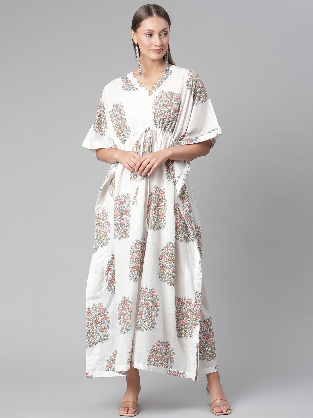 Women's White Floral Cotton Kaftan