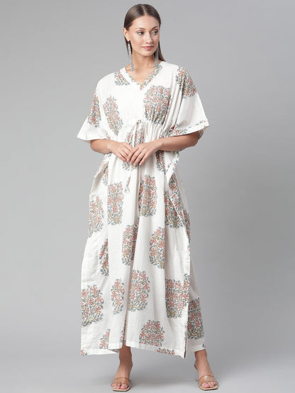 Women's White Floral Cotton Kaftan