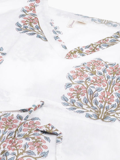 Women's White Floral Cotton Kaftan