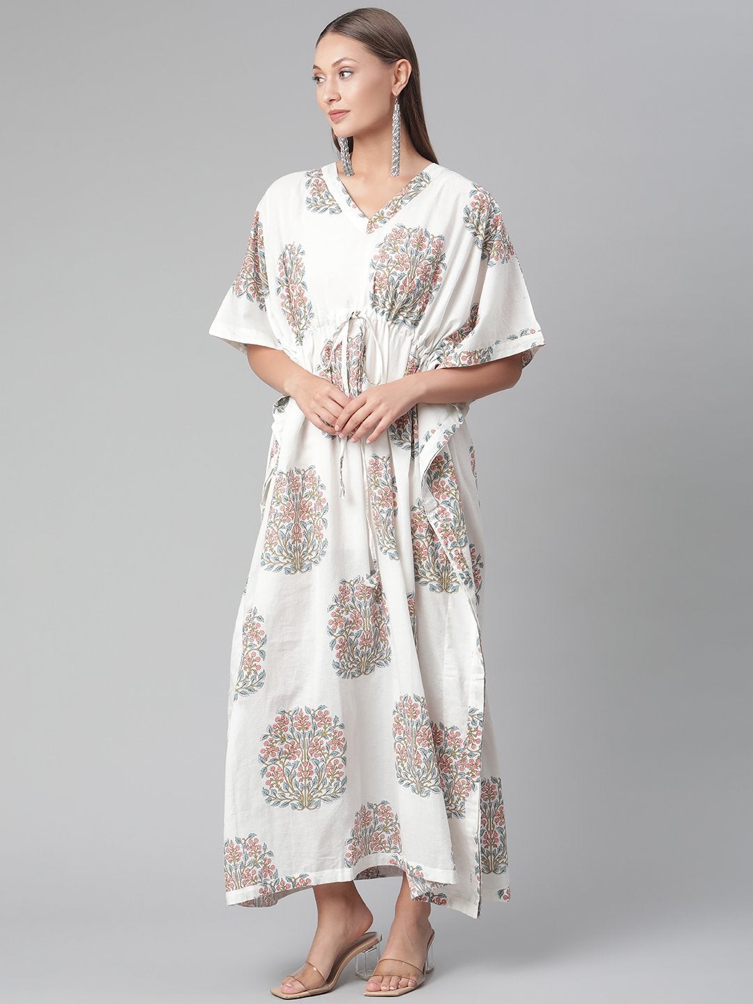 Women's White Floral Cotton Kaftan