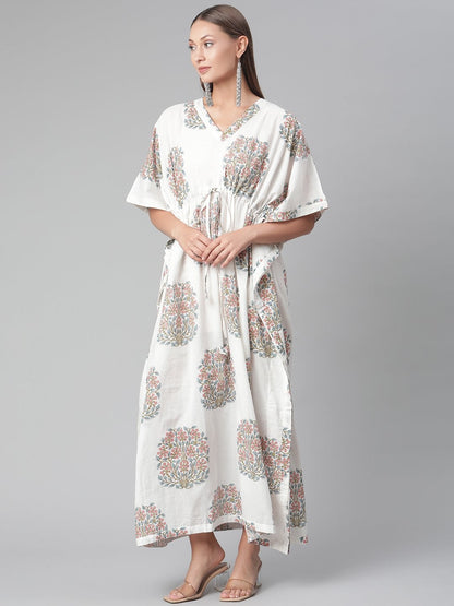 Women's White Floral Cotton Kaftan