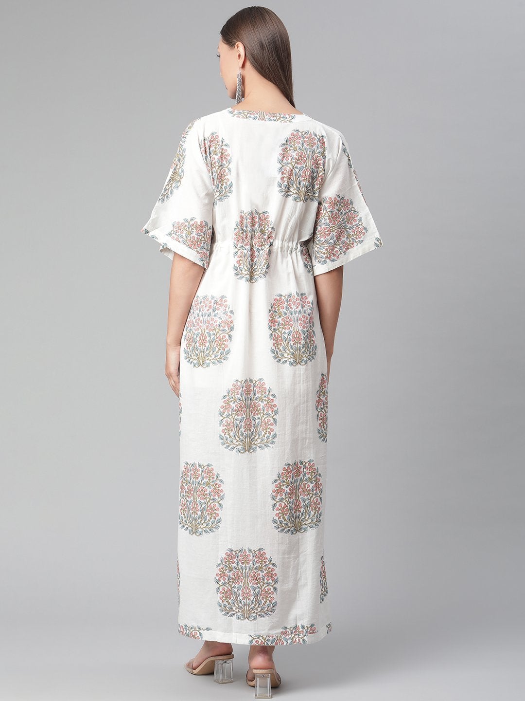 Women's White Floral Cotton Kaftan