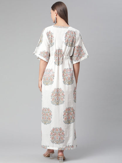 Women's White Floral Cotton Kaftan