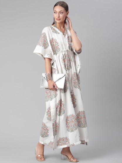 Women's White Floral Cotton Kaftan