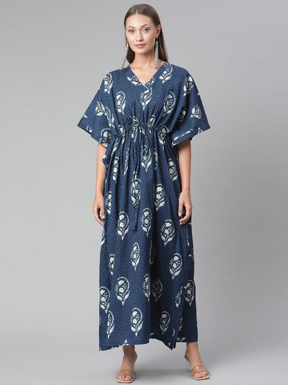 Women's Blue Floral Cotton Kaftan