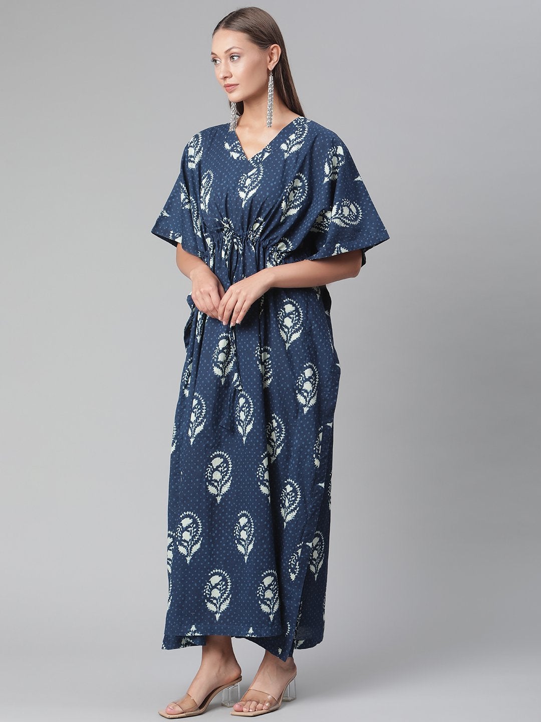 Women's Blue Floral Cotton Kaftan