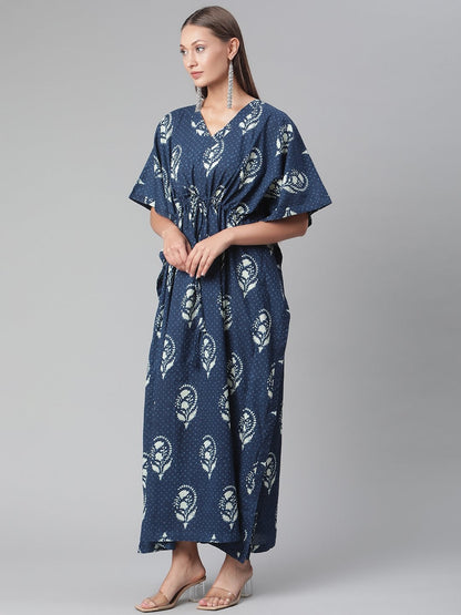Women's Blue Floral Cotton Kaftan
