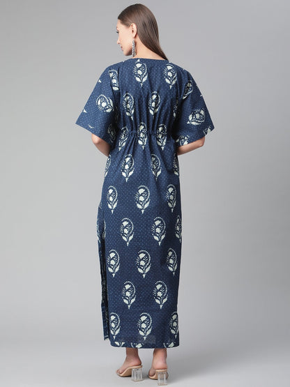Women's Blue Floral Cotton Kaftan
