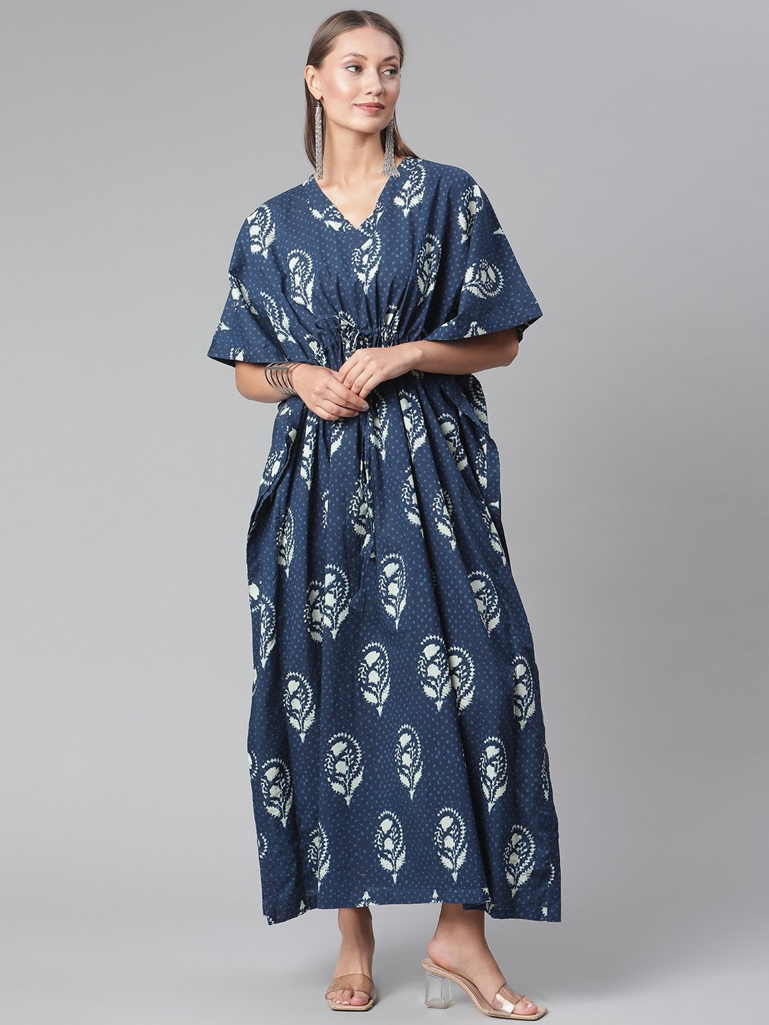 Women's Blue Floral Cotton Kaftan