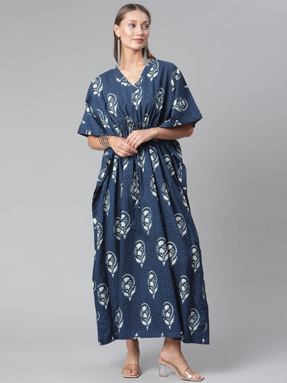 Women's Blue Floral Cotton Kaftan