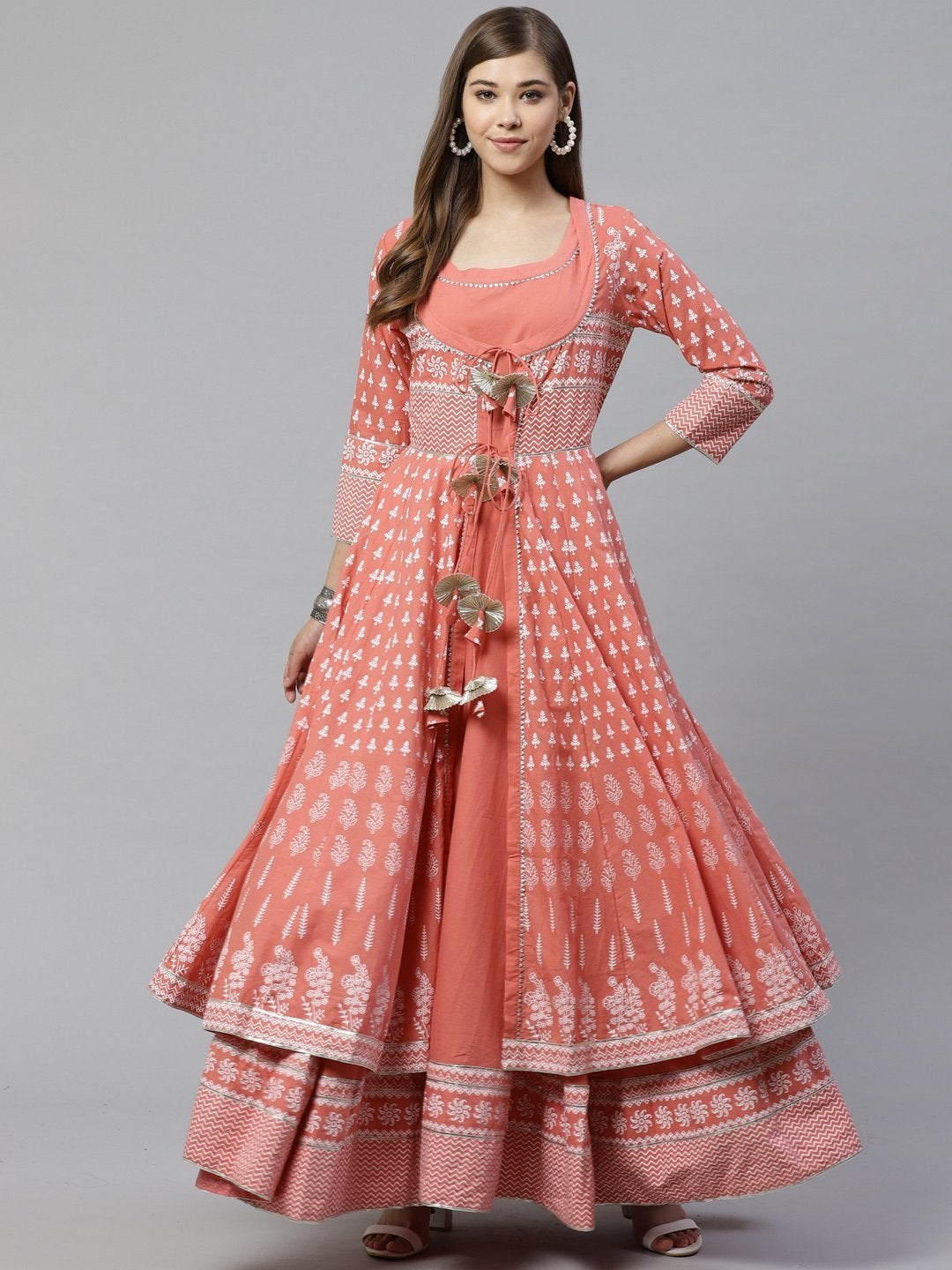 Women's Pink Double Layered Cotton Kurta With Jacket Plus size