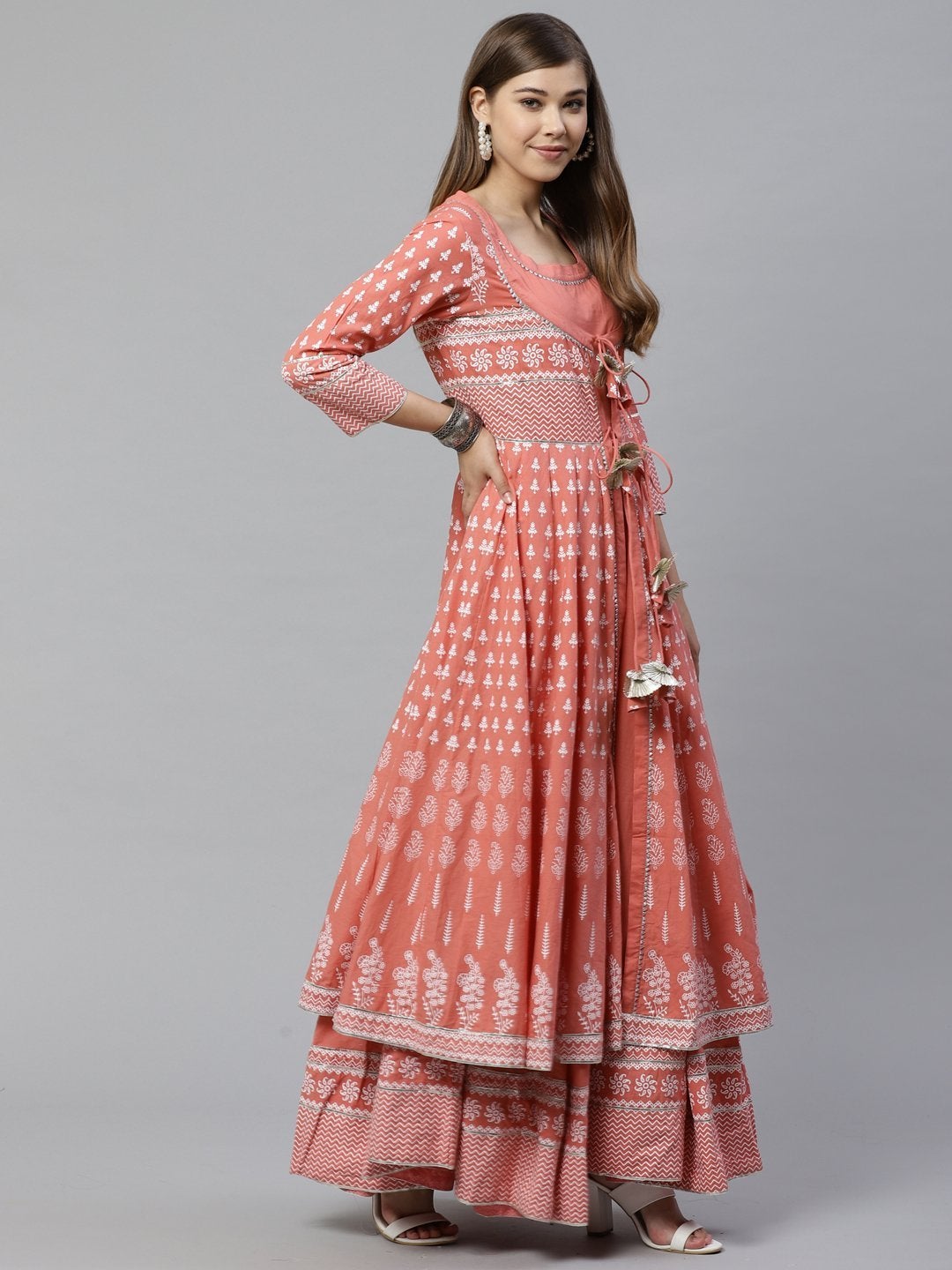 Women's Pink Double Layered Cotton Kurta With Jacket Plus size