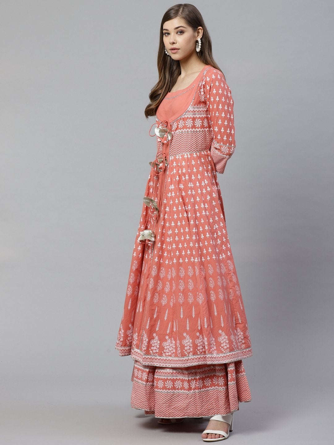 Women's Pink Double Layered Cotton Kurta With Jacket Plus size