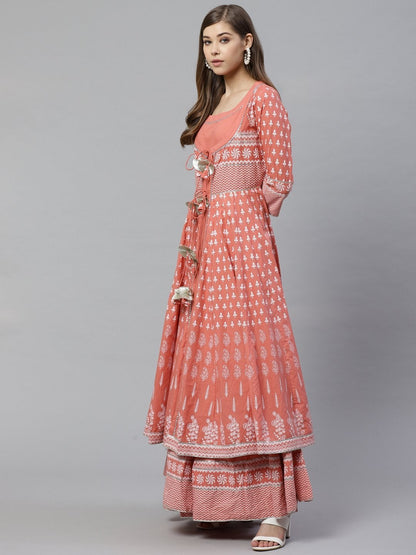 Women's Pink Double Layered Cotton Kurta With Jacket Plus size