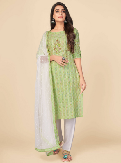 Women's Printed & Hand Work Straight Cotton Parrot Green Kurta Pant With Dupatta (3Pcs Set)