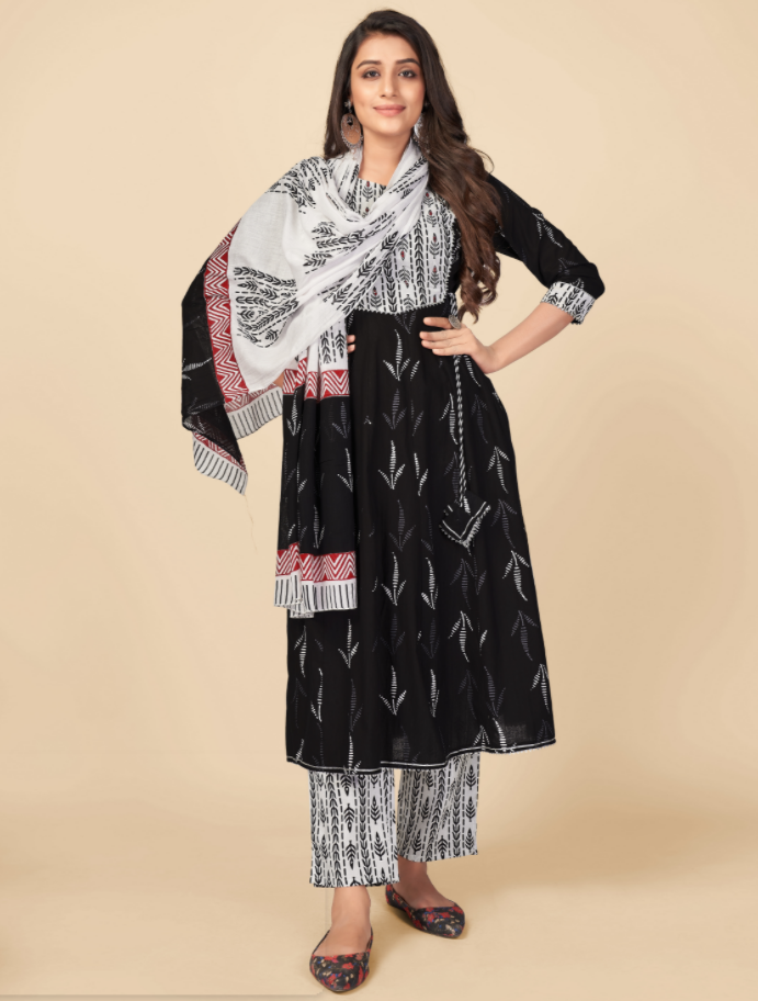 Women's Black Cotton Kurta With Pant & Dupatta By Vbuyz (3