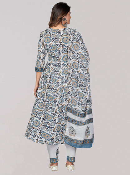 Women's Blue Anarkali Cotton Kurta With Pant & Dupatta By Vbuyz (3