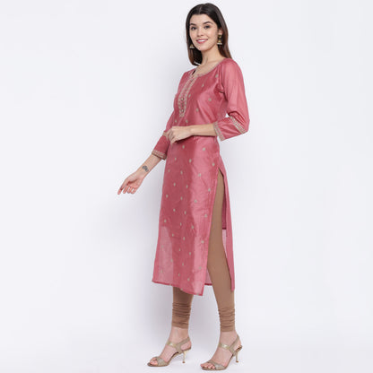 Women's Sequence Work/Hand Work Straight Chanderi Dark Peach Kurta Only