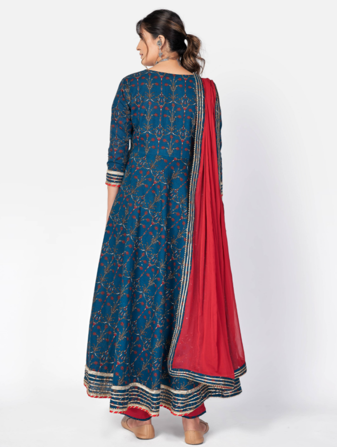 Women's Dark Blue Anarkali Cotton Kurta With Pant & Dupatta By Vbuyz (3
