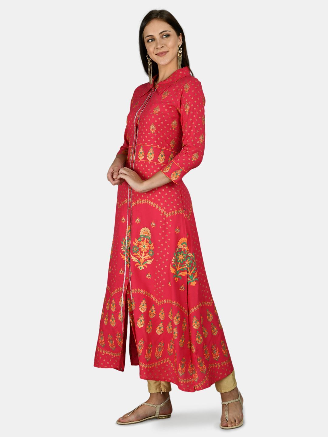 Women's Red Cotton Printed 3/4 Sleeve Shirt Collar Casual Anarkali kurta