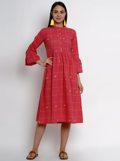Women's Pink Yellow Plaid A-Line Gathers Detailed Ethnic Dress