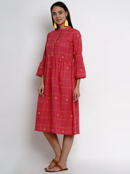 Women's Pink Yellow Plaid A-Line Gathers Detailed Ethnic Dress