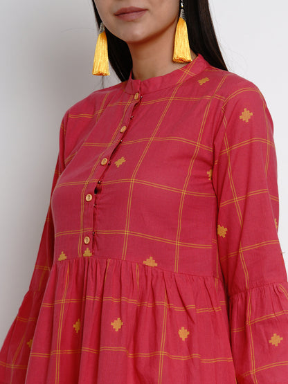 Women's Pink Yellow Plaid A-Line Gathers Detailed Ethnic Dress
