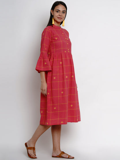 Women's Pink Yellow Plaid A-Line Gathers Detailed Ethnic Dress