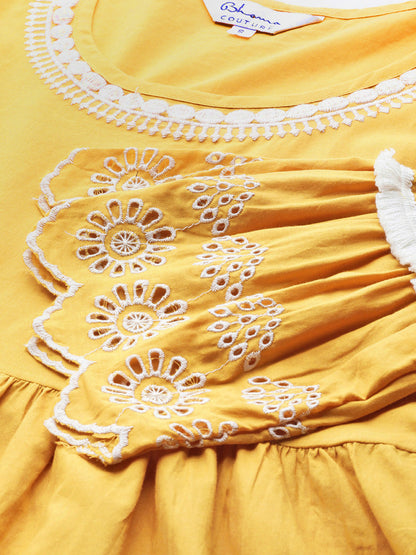Women's Mustard Yellow Solid Embroidered Dress