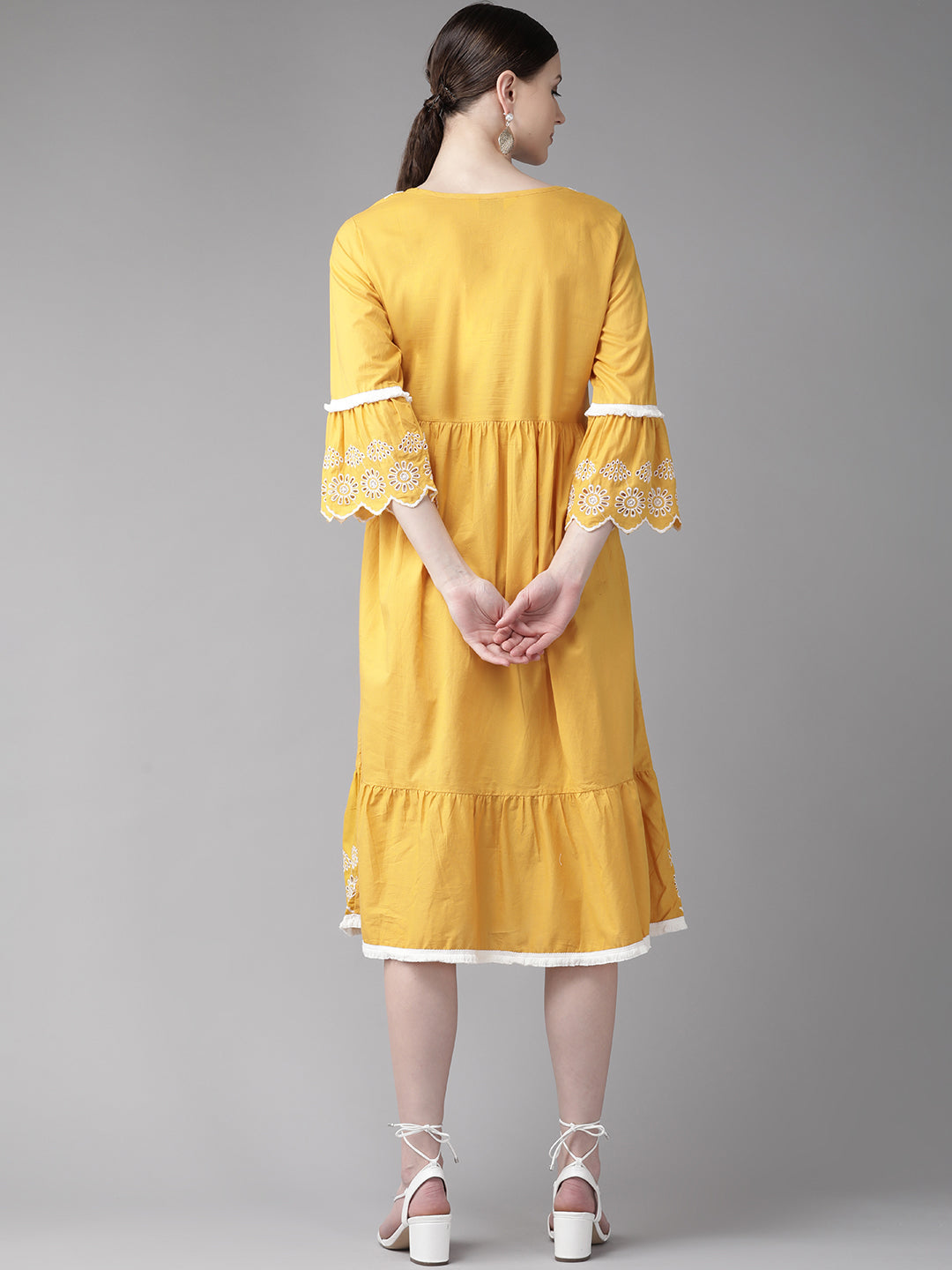 Women's Mustard Yellow Solid Embroidered Dress