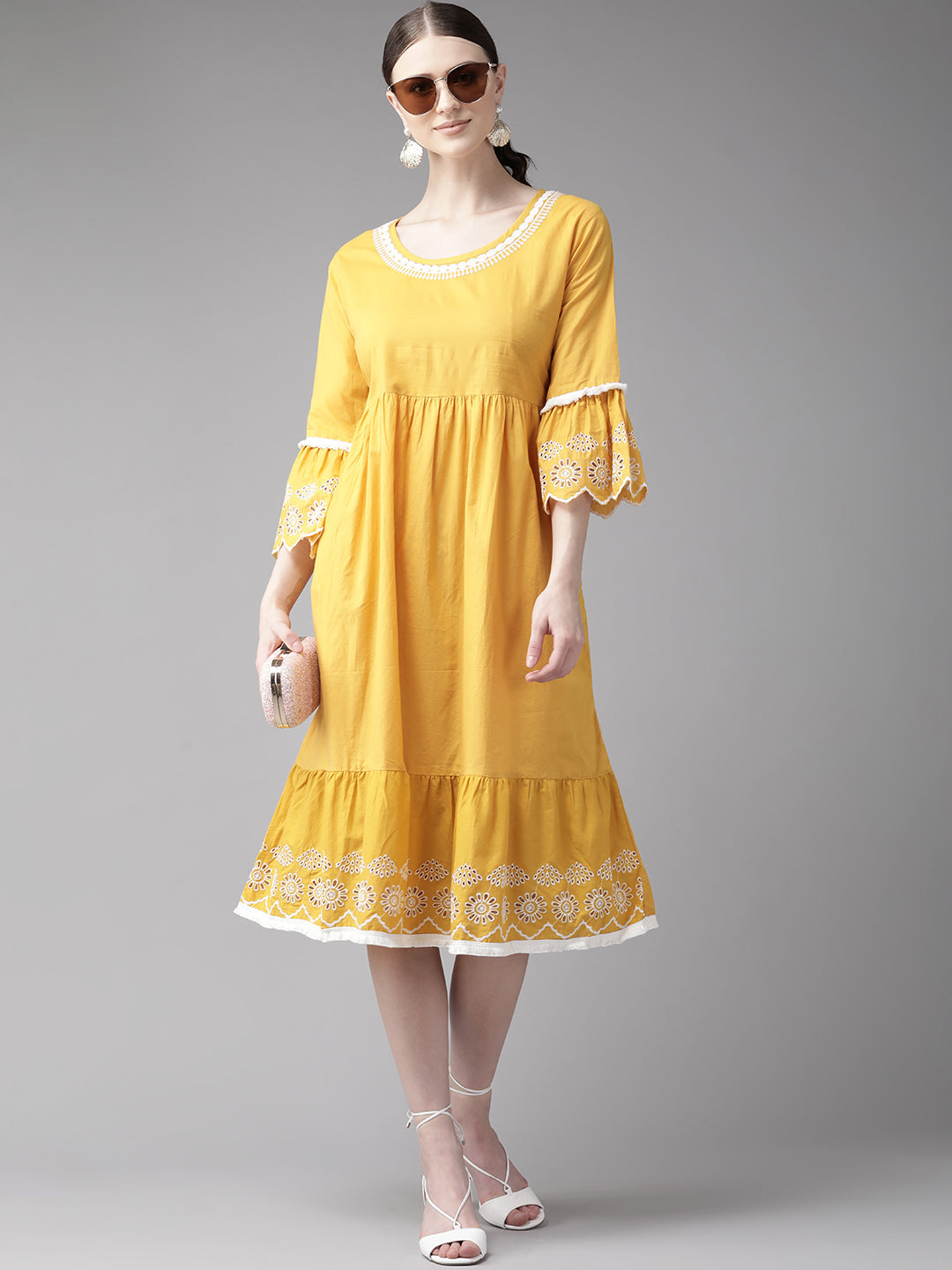 Women's Mustard Yellow Solid Embroidered Dress