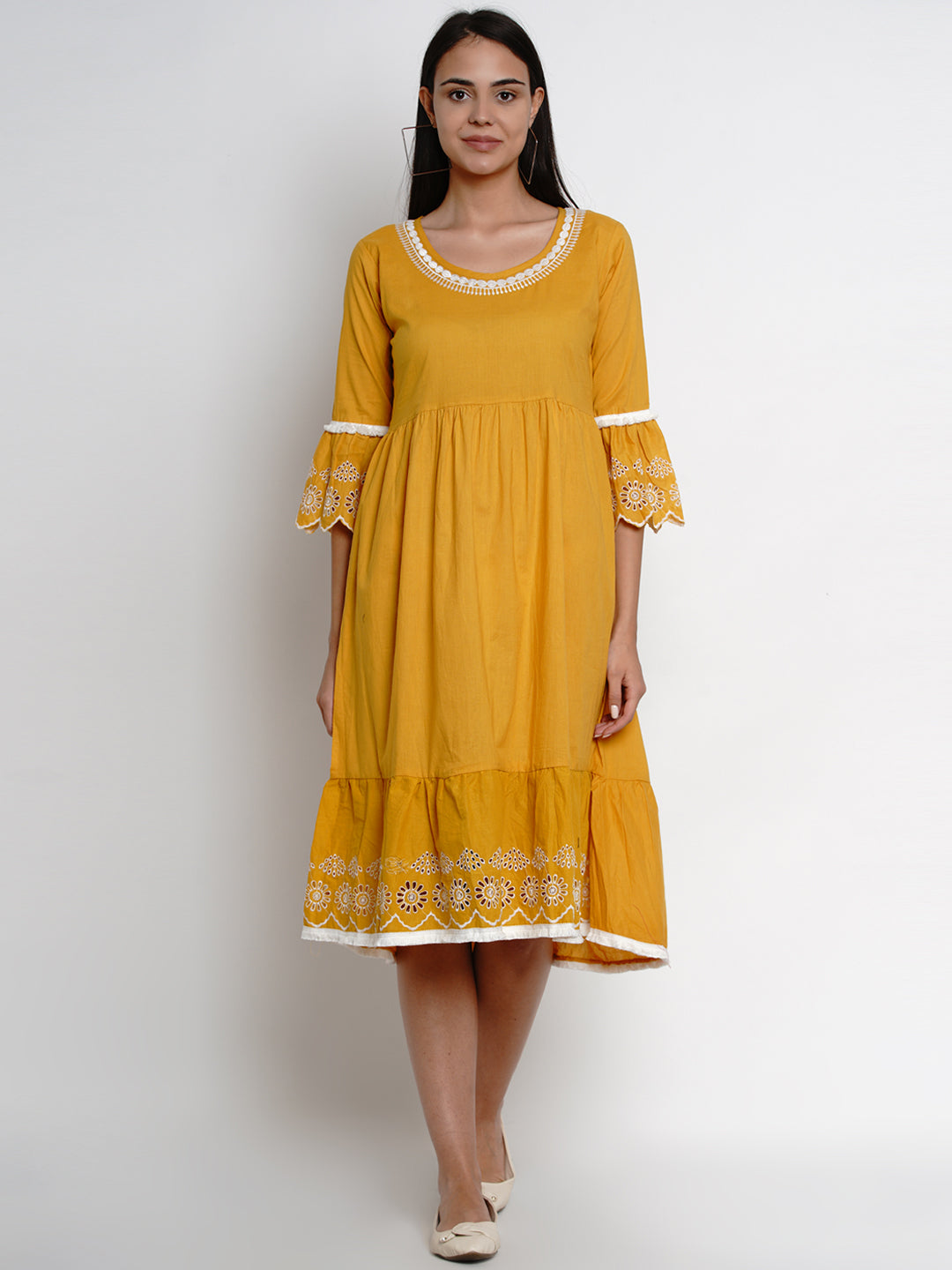 Women's Mustard Yellow Solid Embroidered Dress