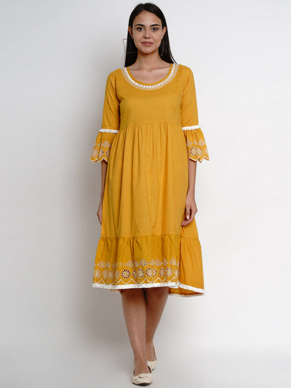 Women's Mustard Yellow Solid Embroidered Dress