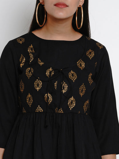 Women's Black Printed A-Line Dress