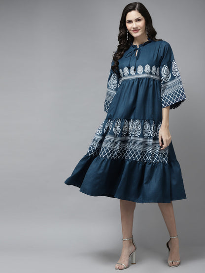 Women's Blue Printed Dress With Ruffle Detailing