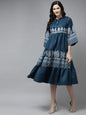 Women's Blue Printed Dress With Ruffle Detailing