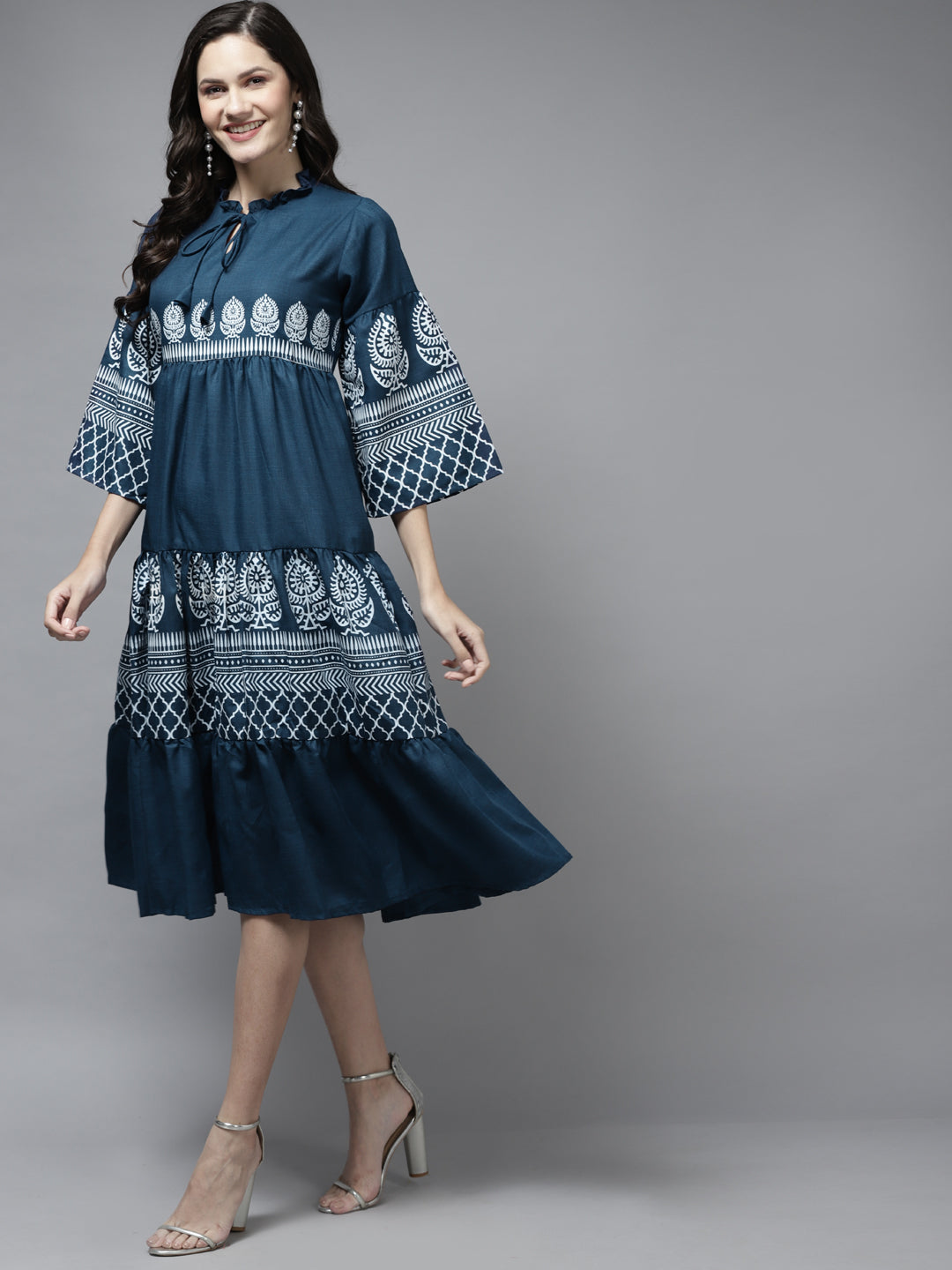 Women's Blue Printed Dress With Ruffle Detailing