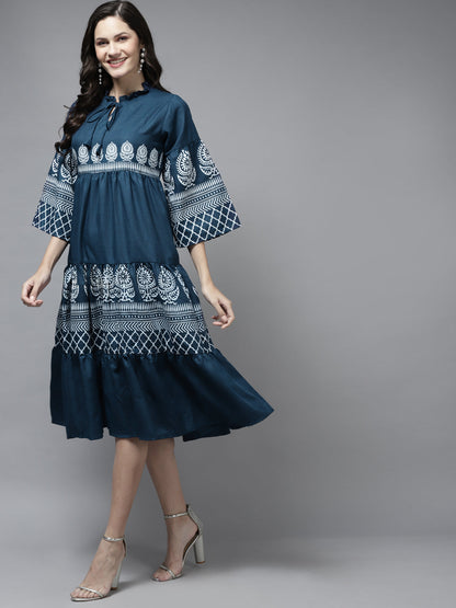 Women's Blue Printed Dress With Ruffle Detailing