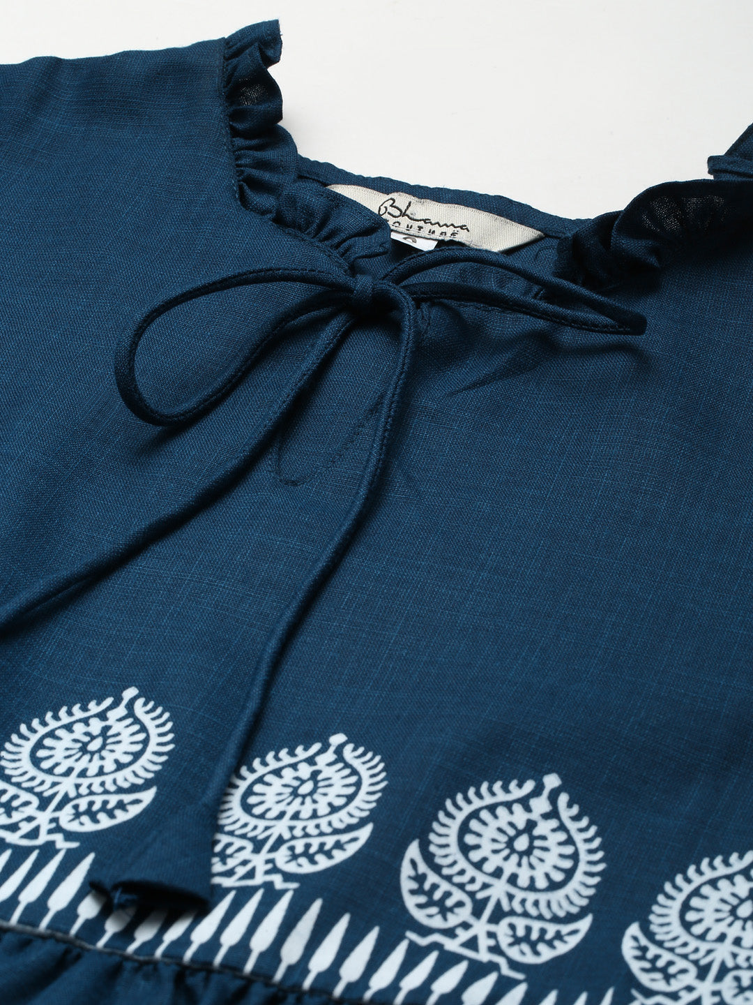 Women's Blue Printed Dress With Ruffle Detailing