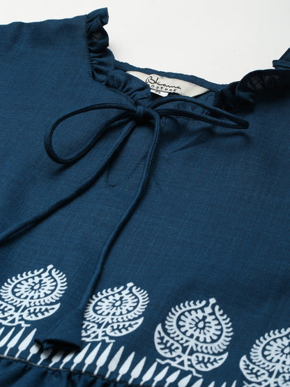 Women's Blue Printed Dress With Ruffle Detailing