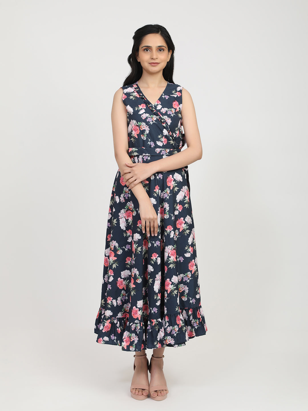 Women's Navy Blue Floral Crepe Maxi Dress