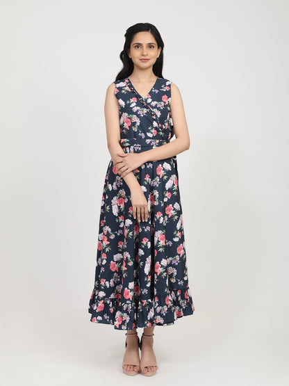 Women's Navy Blue Floral Crepe Maxi Dress
