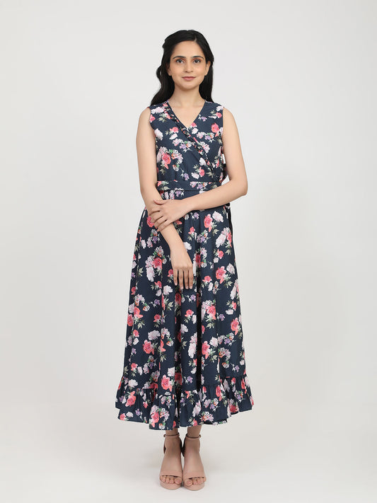 Women's Navy Blue Floral Crepe Maxi Dress