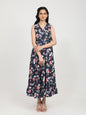 Women's Navy Blue Floral Crepe Maxi Dress